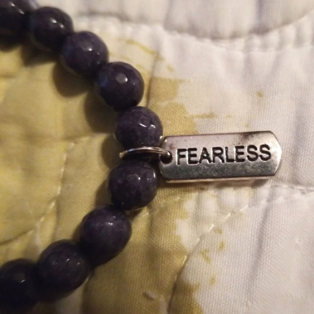 "Fearless" - blue beaded bracelet w/ silver tag